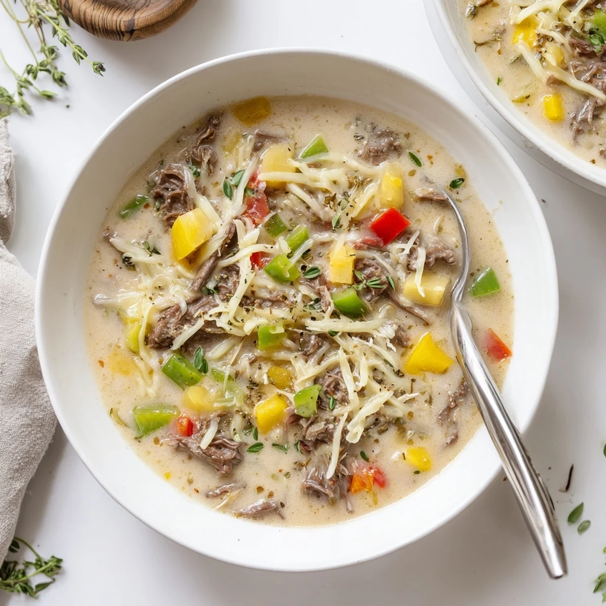 Hearty Philly cheesesteak soup bubbling in a pot with ribeye steak, onions, and gooey mozzarella