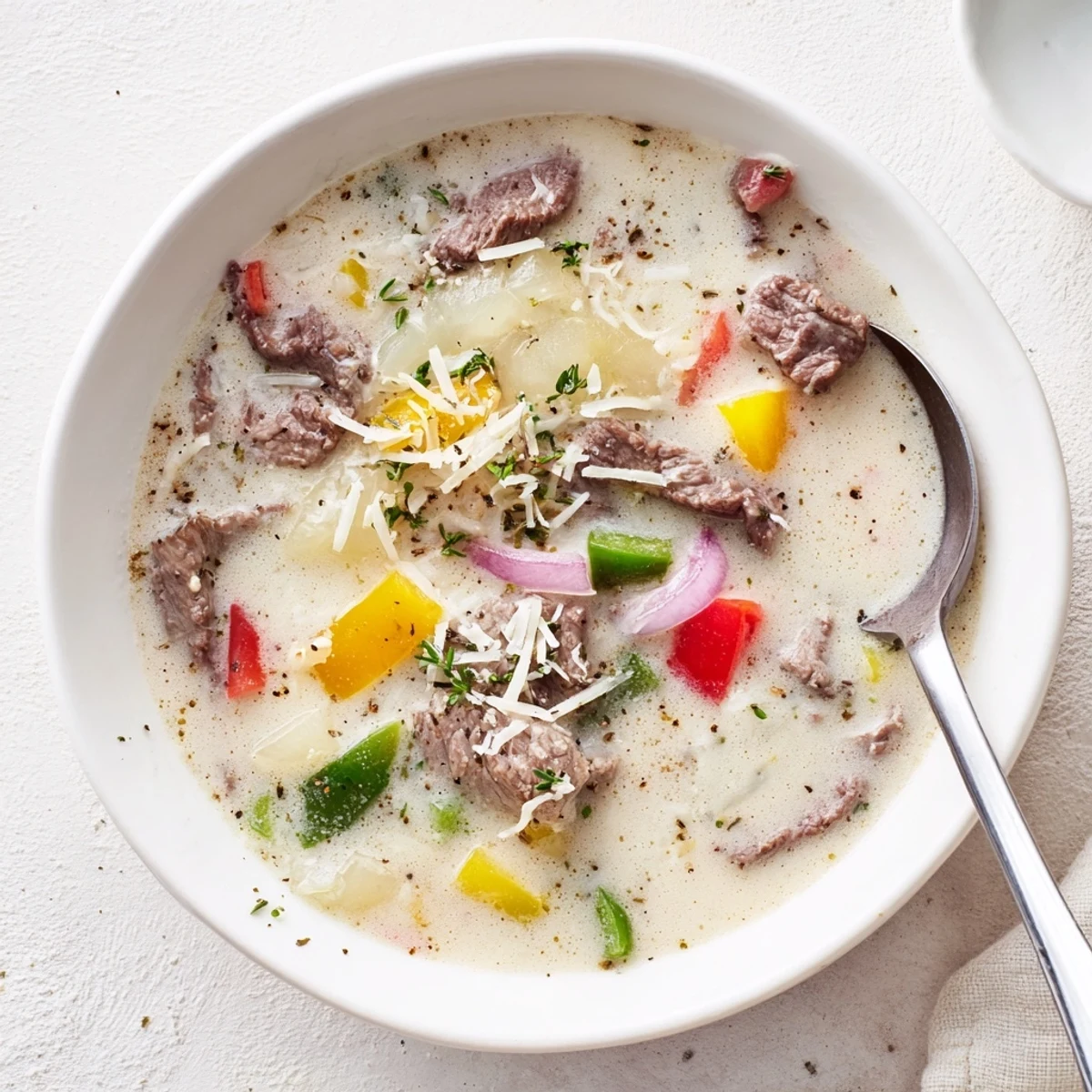 Rich Philly cheesesteak soup garnished with extra cheese, featuring tender beef and diced bell peppers
