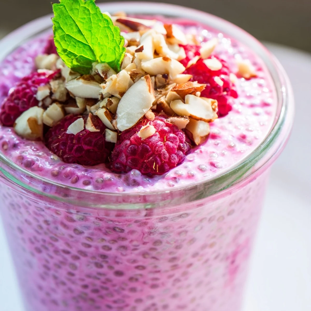 Creamy raspberry chia pudding layered in glass jars topped with fresh red berries