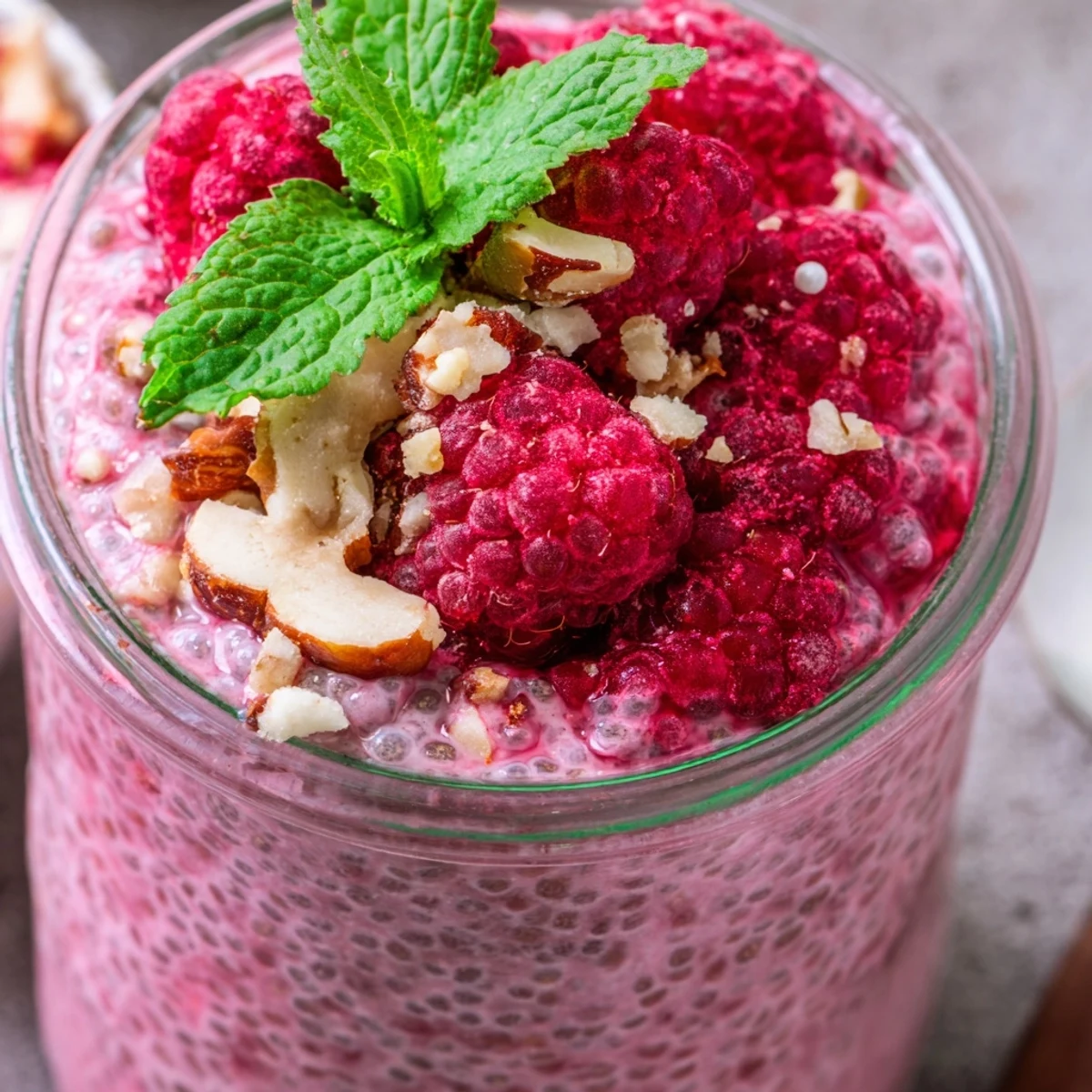 Thick and smooth raspberry chia pudding garnished with whole raspberries and granola topping