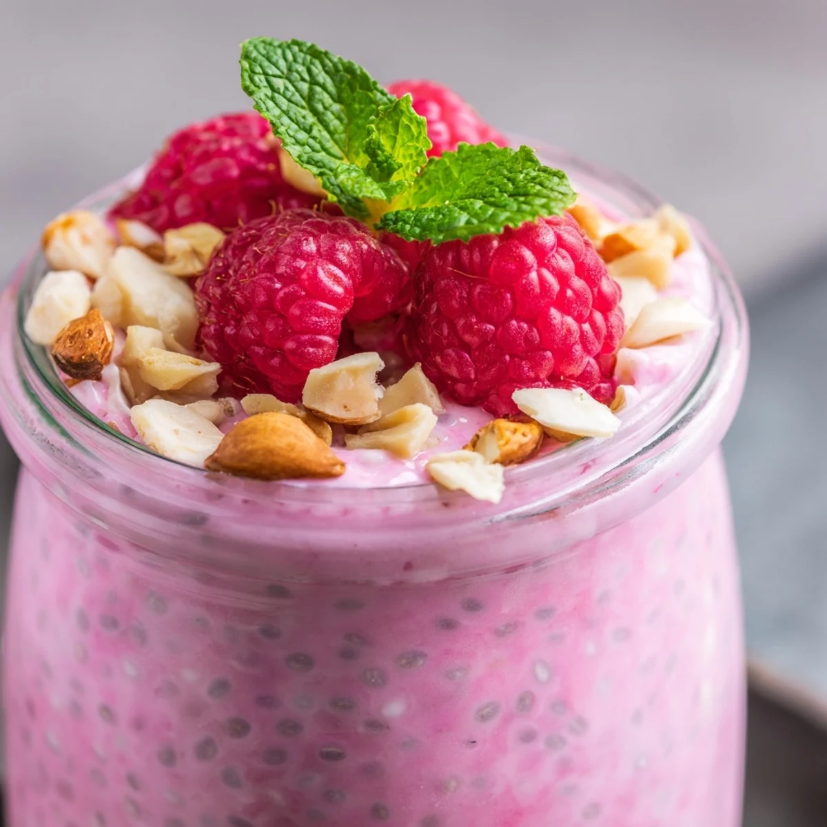 Vibrant pink raspberry chia pudding dessert spooned into clear serving glasses with mint