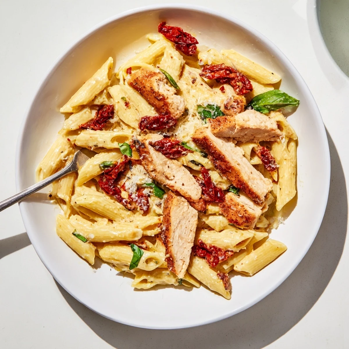 Golden seared chicken breast strips atop penne pasta coated in rich parmesan cream sauce