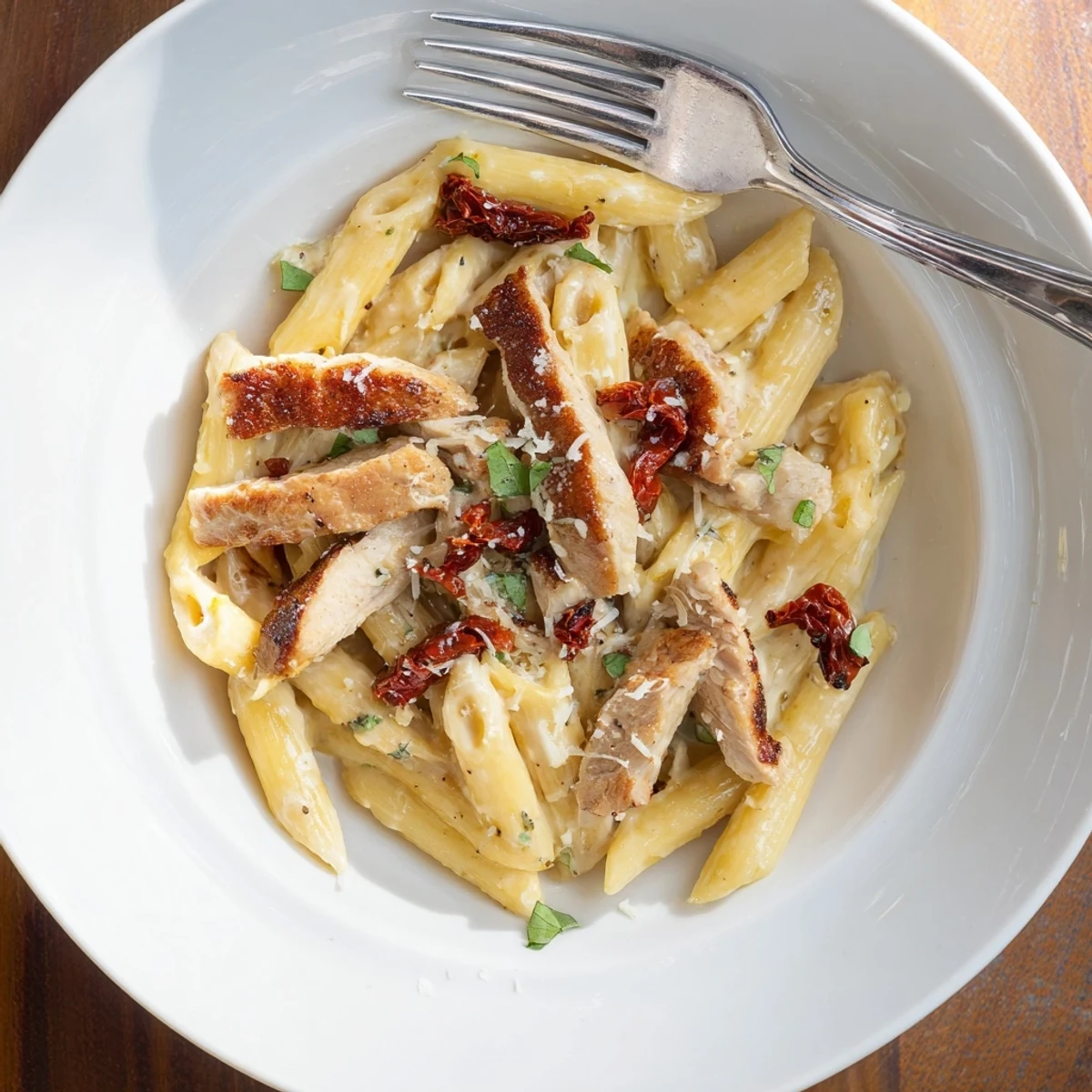 Heating bowl of Marry Me Chicken Pasta garnished with fresh basil and grated parmesan cheese