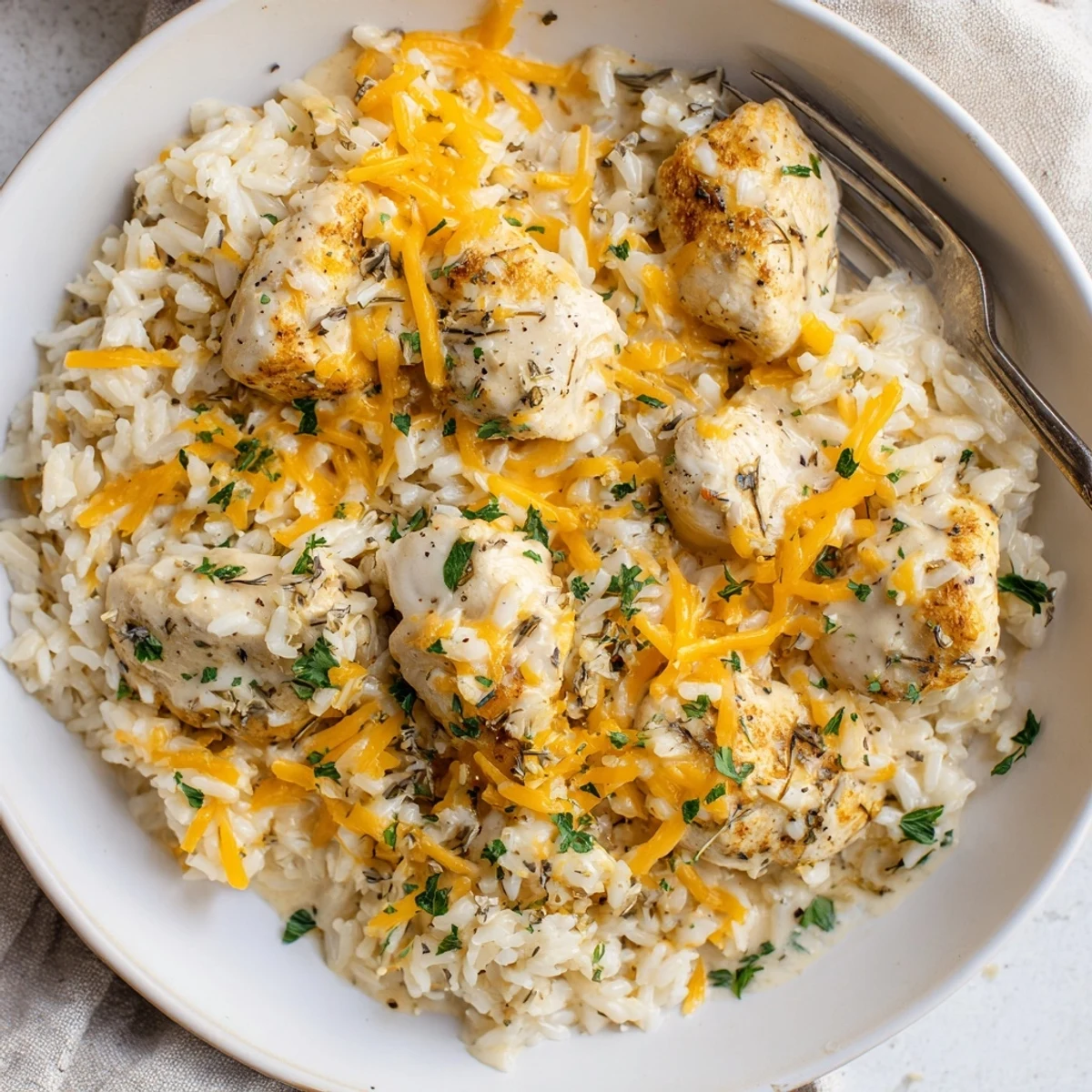 Golden chicken breasts nestled in creamy rice with melted cheddar cheese and fresh parsley garnish