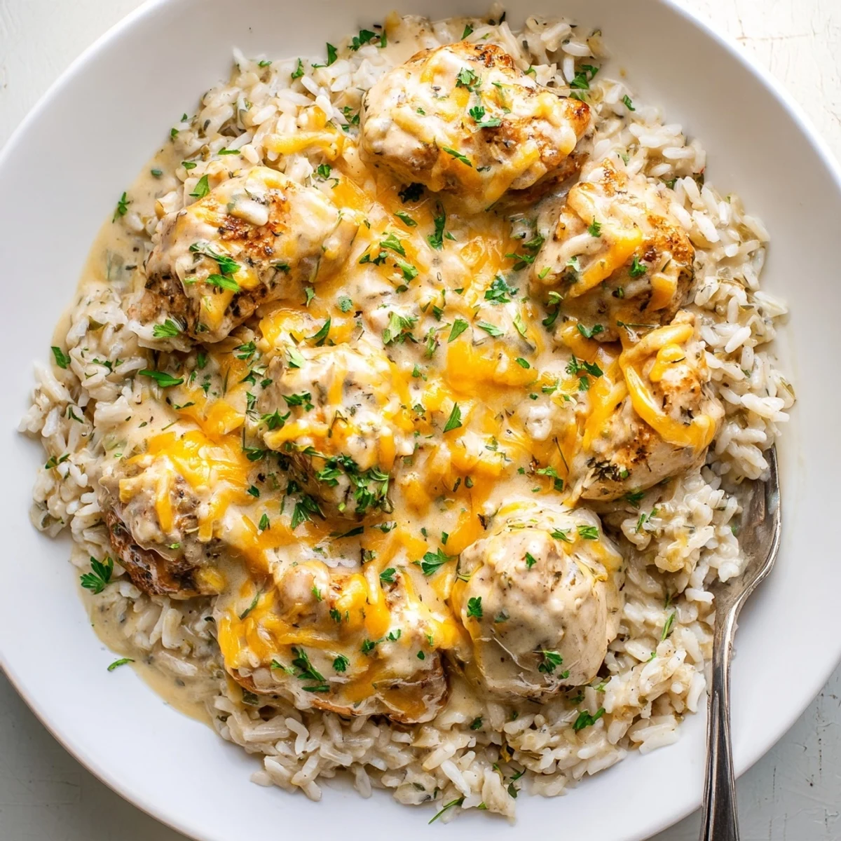 Homestyle smothered chicken and rice bubbling in a skillet with rich cream sauce and cheesy topping