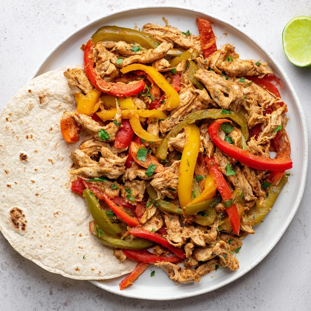 Colorful slow cooker chicken fajitas with tender peppers and onions ready for warm tortillas