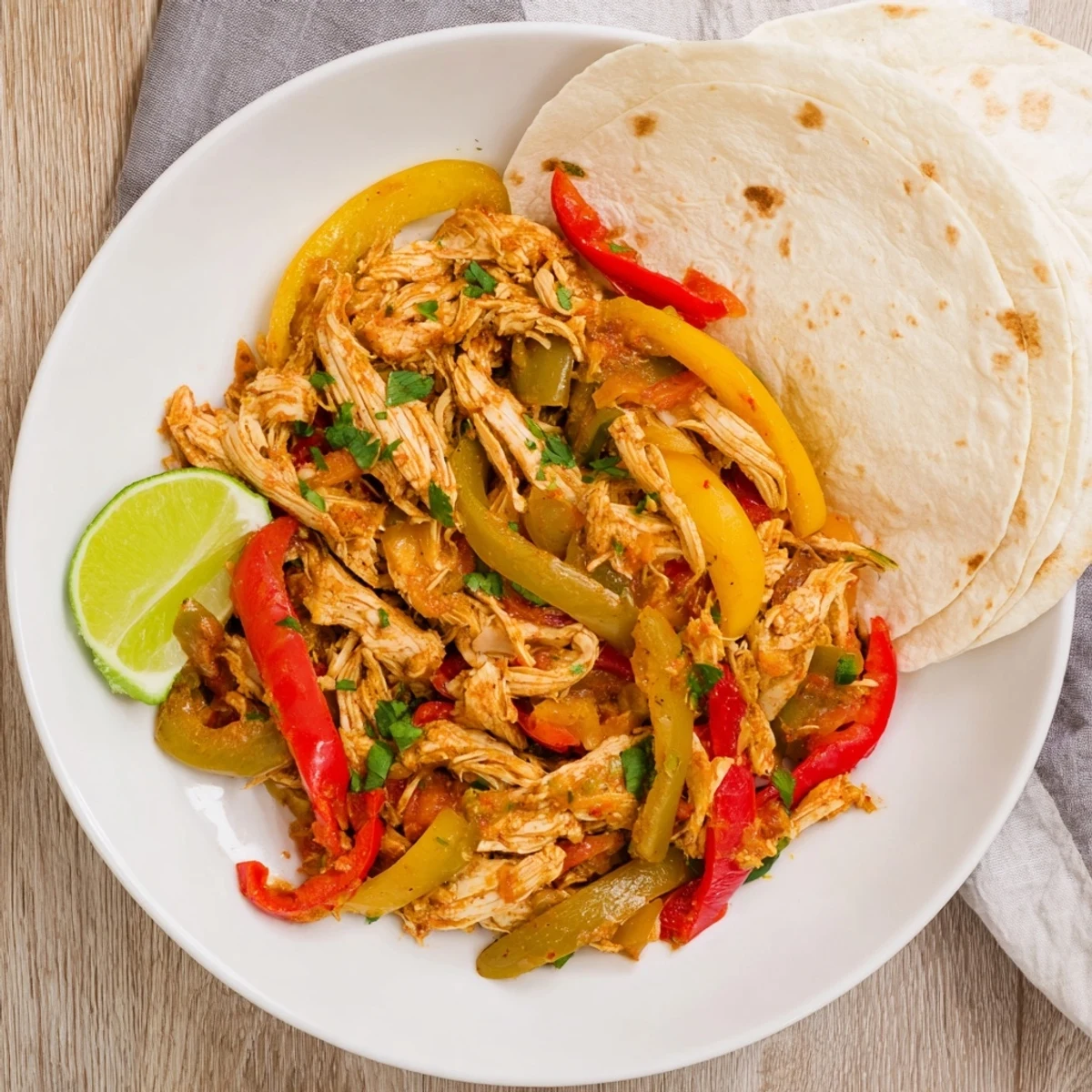 Easy chicken fajitas slow-cooked to perfection topped with fresh cilantro and lime wedges