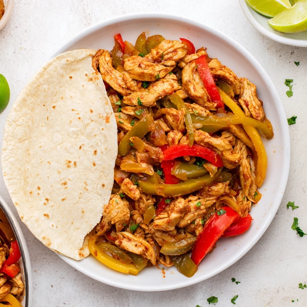 Savory Crockpot chicken fajitas featuring shredded meat and vibrant bell pepper slices in a bowl