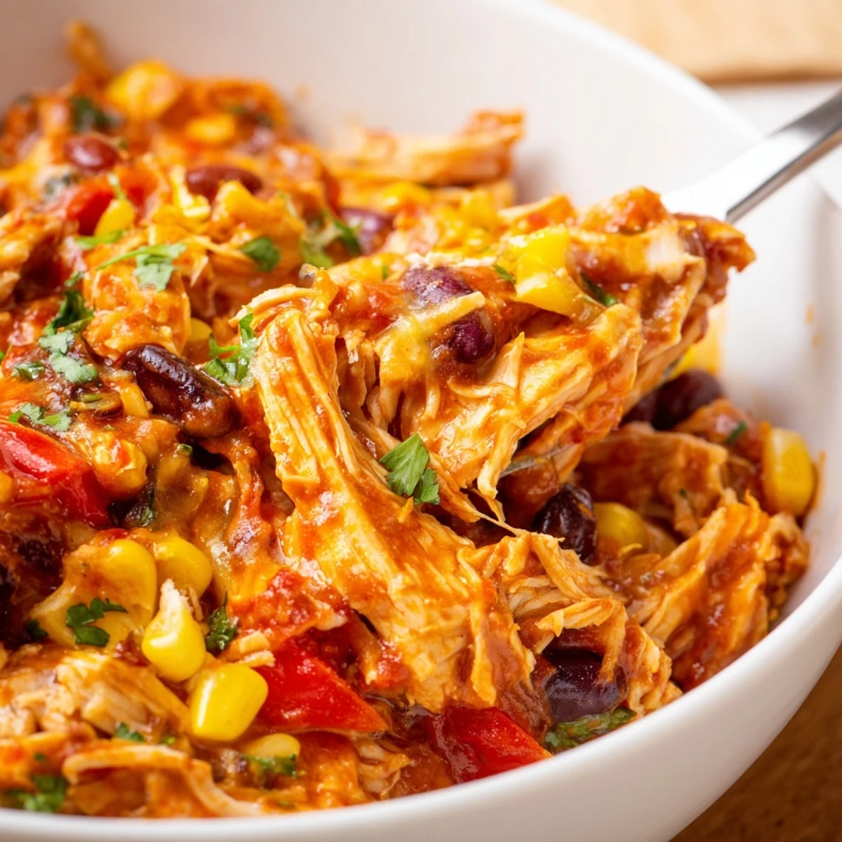 Slow cooker Crockpot chicken enchilada casserole topped with melted Mexican cheese and fresh cilantro garnish