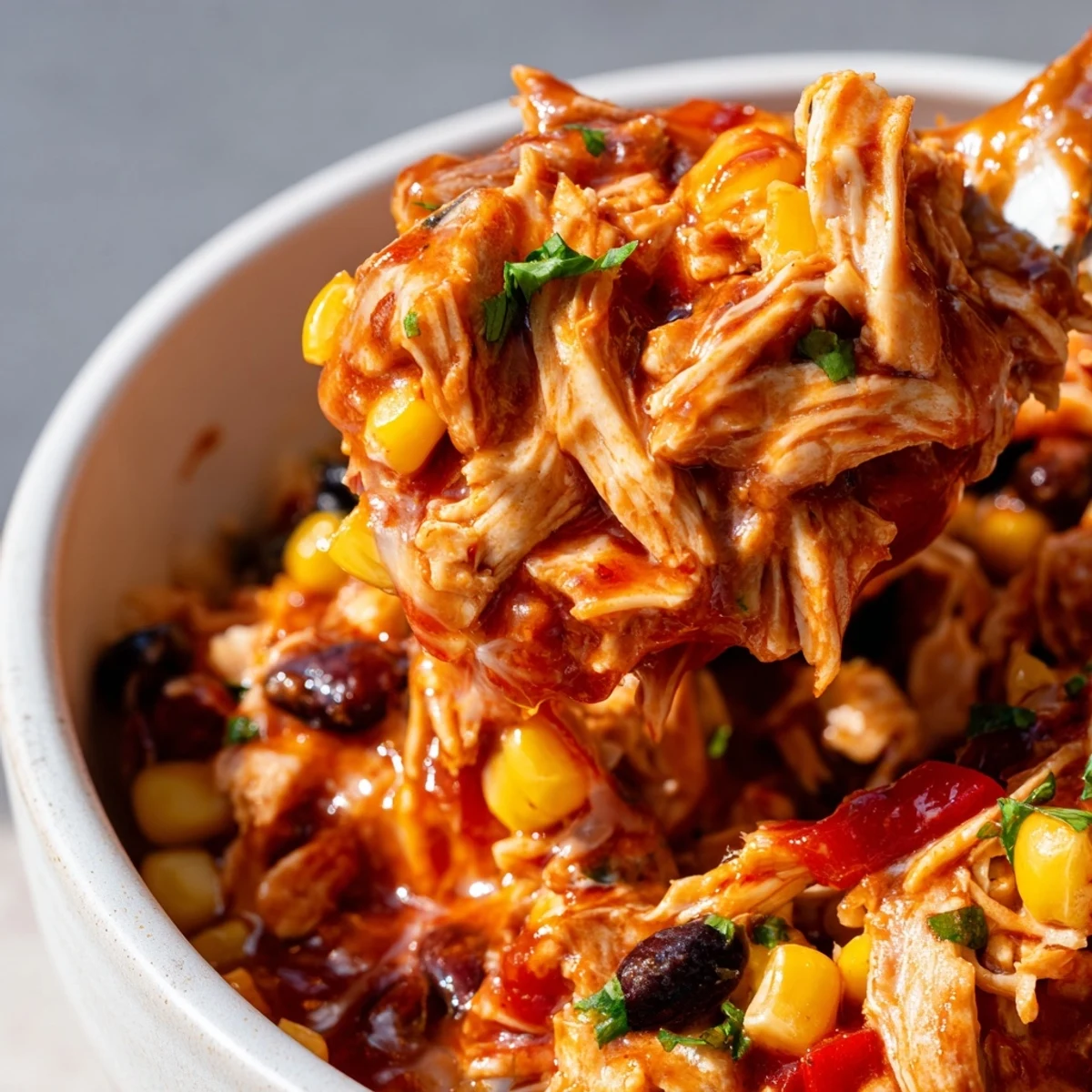 Comforting slow cooker chicken enchilada casserole served with sour cream and sliced green onions