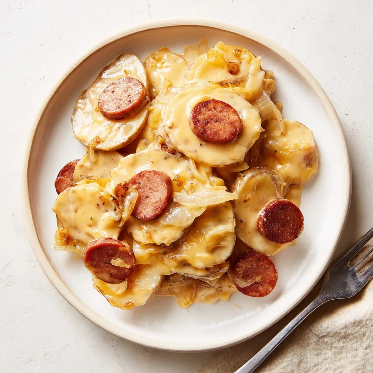 Tender sliced potatoes and smoky kielbasa bubbling in rich slow cooker cheese sauce