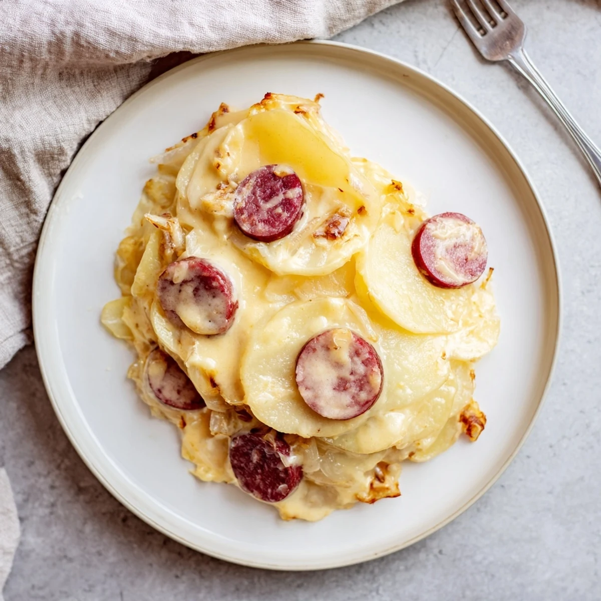 Golden cheesy scalloped potatoes with kielbasa rounds served hot from the slow cooker