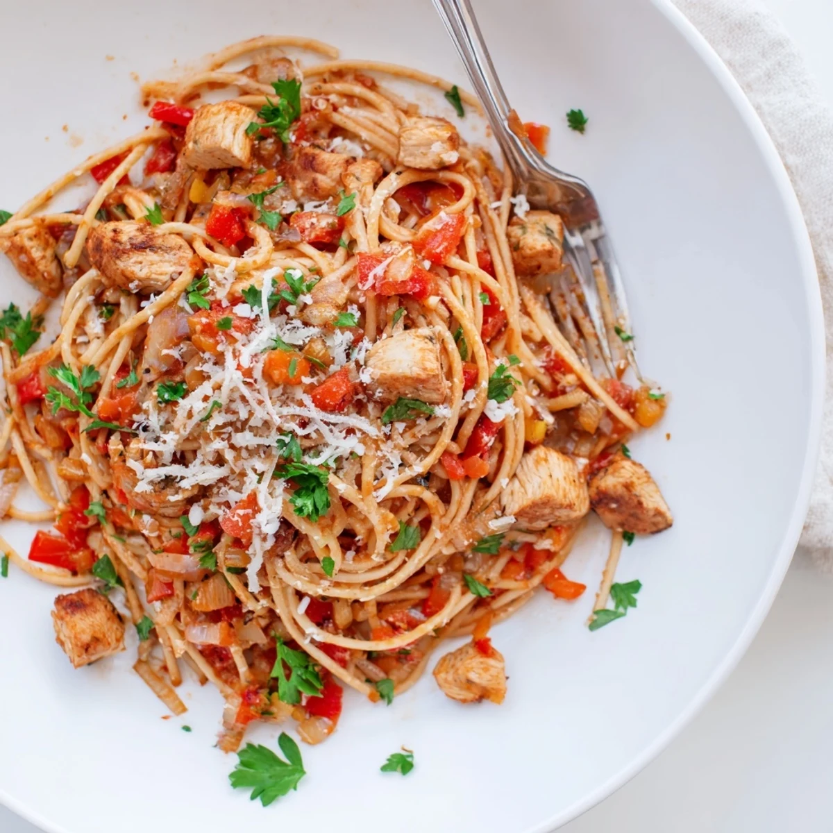 Tender chicken and spaghetti noodles cook together in savory tomato broth until perfectly blended