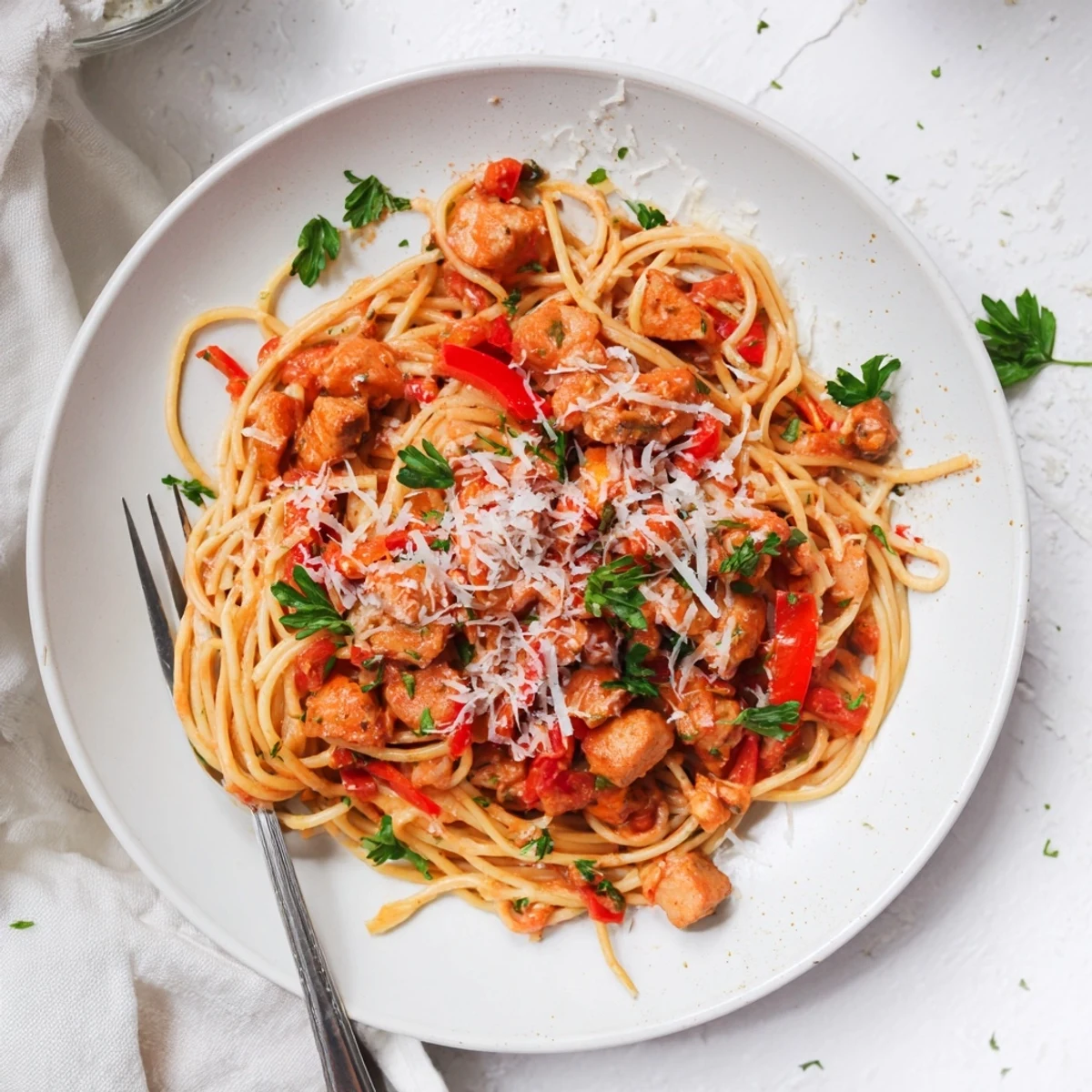 Savory Instant Pot chicken spaghetti tossed in rich tomato sauce with melted Parmesan garnish