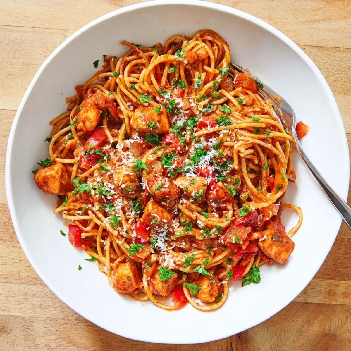 Comforting one-pot chicken spaghetti dish featuring al dente pasta coated in flavorful tomato sauce