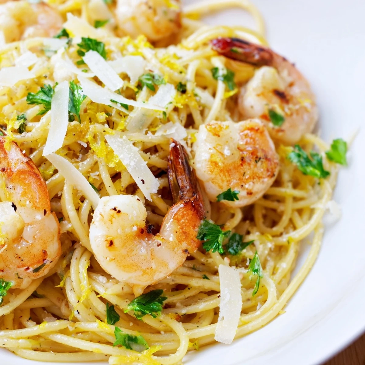 Golden shrimp scampi pasta glistening with garlic butter sauce and fresh parsley