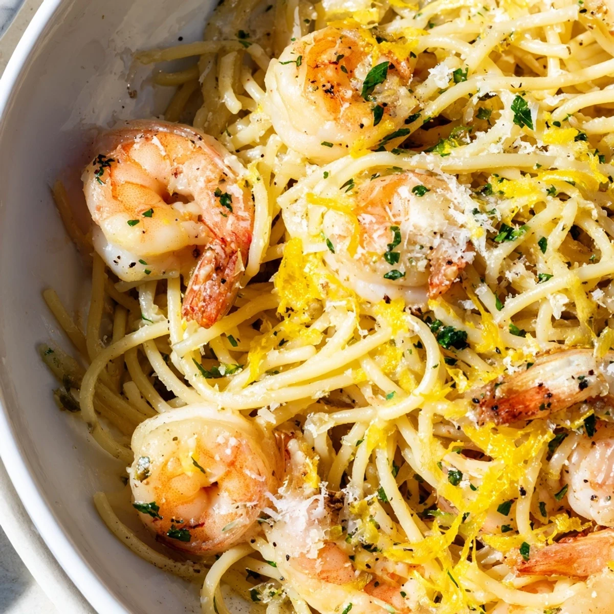 Creamy shrimp scampi pasta plated with lemon wedges and grated Parmesan cheese