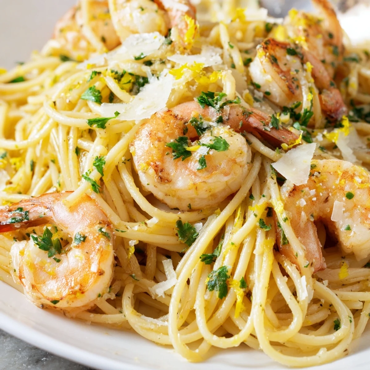 Al dente shrimp scampi pasta tossed in white wine lemon butter sauce