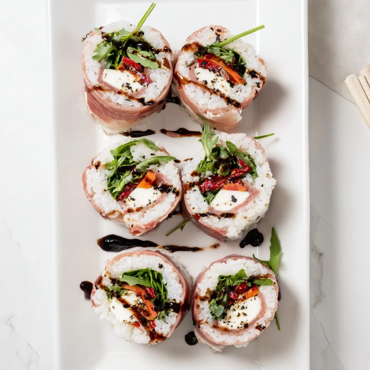 Fusion Italian sushi appetizer plated with sun-dried tomatoes, basil leaves, and drizzled balsamic glaze