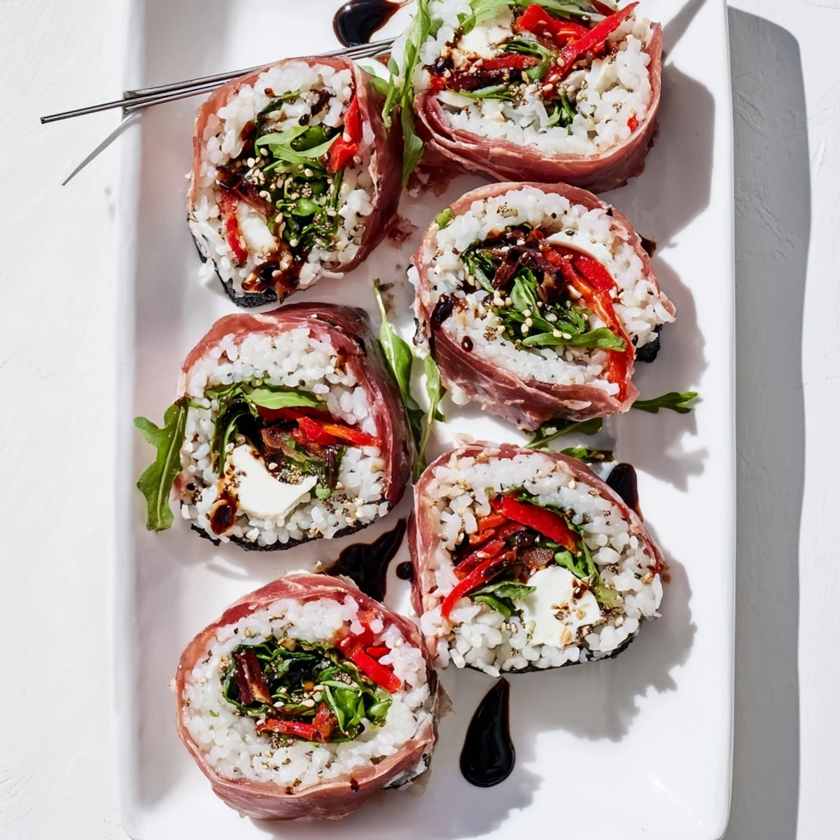 Colorful Italian sushi rolls featuring prosciutto, fresh mozzarella, and roasted peppers wrapped in nori with seasoned rice