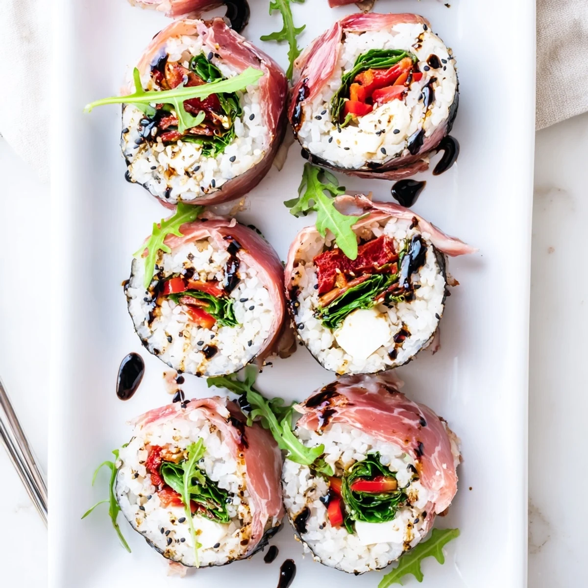 Cross-section of Italian sushi revealing layers of arugula, mozzarella strips, and roasted red bell pepper filling