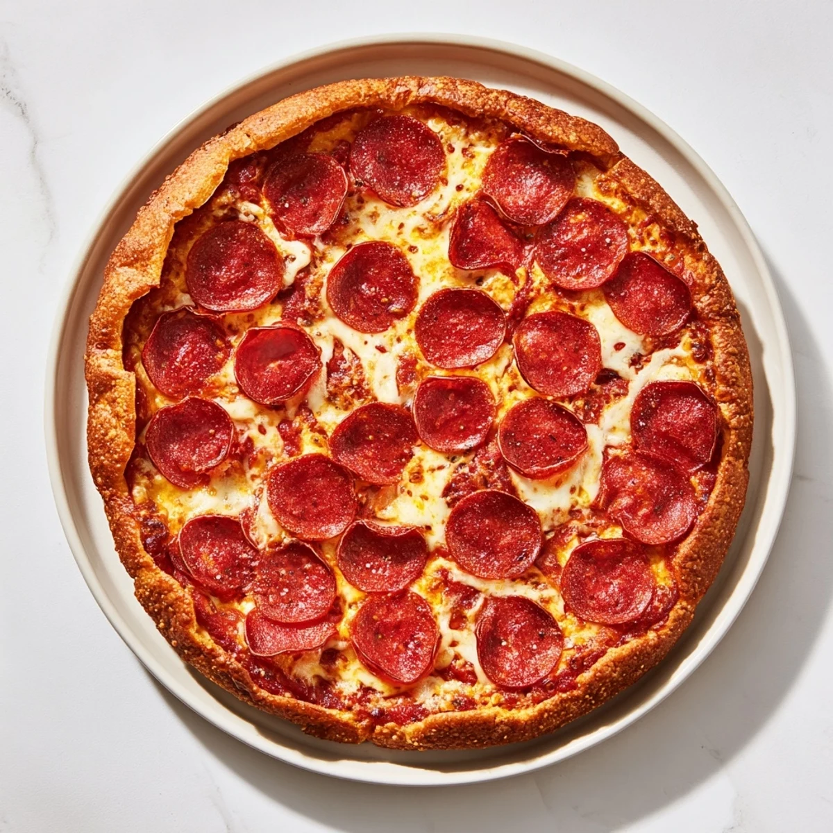 Golden pan pizza with bubbling mozzarella and pepperoni on a thick crispy crust