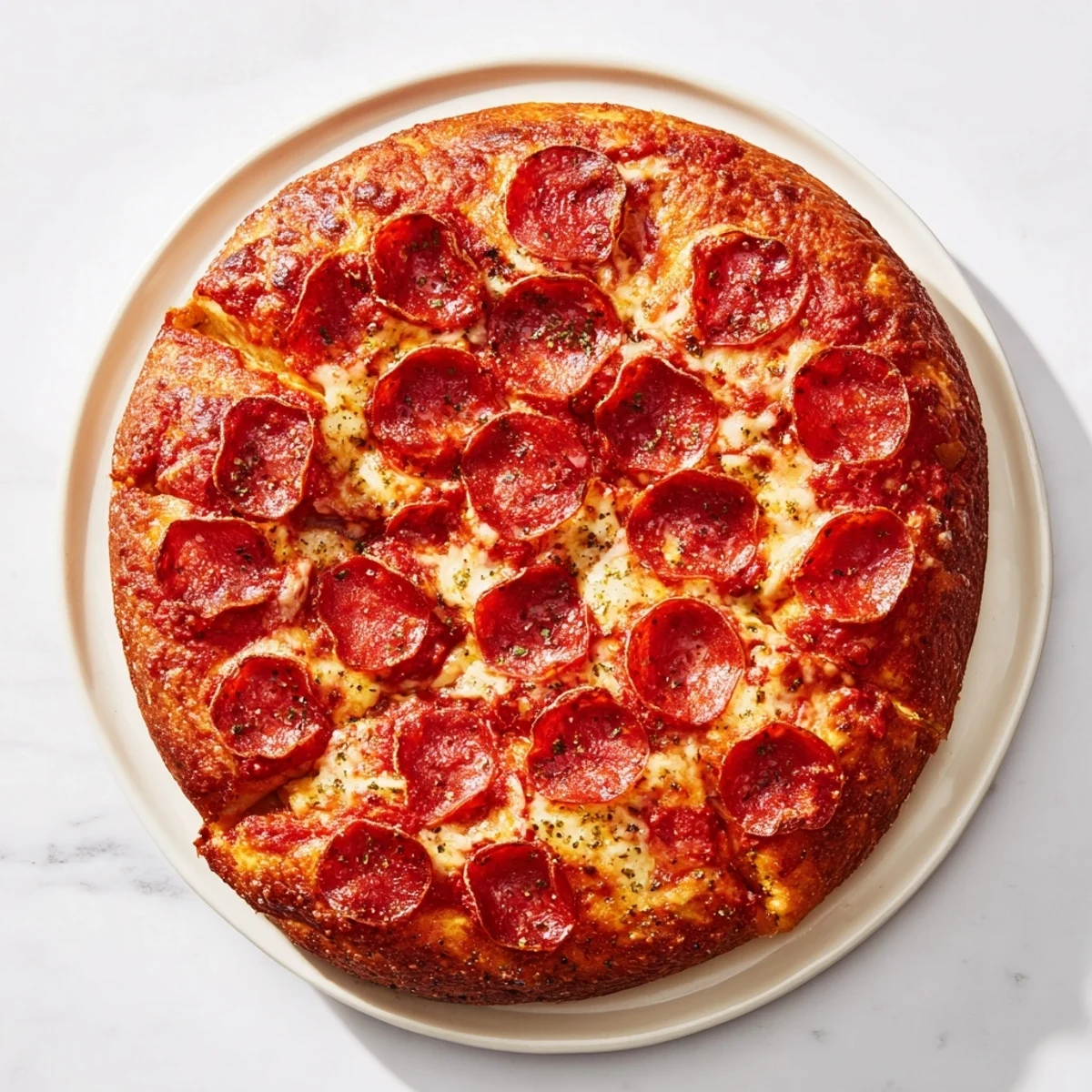 Delicious homemade pan pizza featuring melted cheese and pepperoni slices on buttery dough