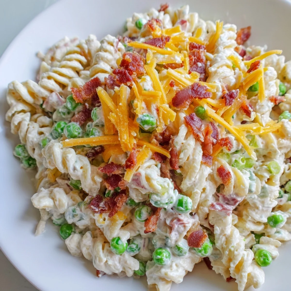 Cold pasta salad featuring rotini noodles, crumbled bacon, cheese, and fresh green onions