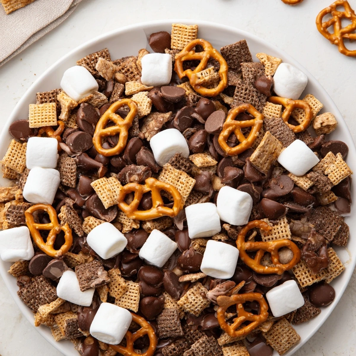 Golden graham cereal, mini marshmallows, and pretzels tossed with milk chocolate chips in this easy s'mores snack mix recipe