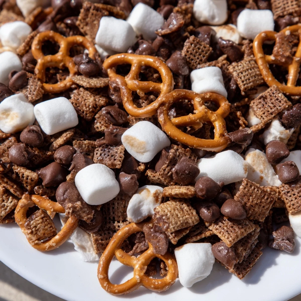 Crunchy sweet snack mix featuring graham cereal, marshmallows, and creamy chocolate chips inspired by classic s'mores