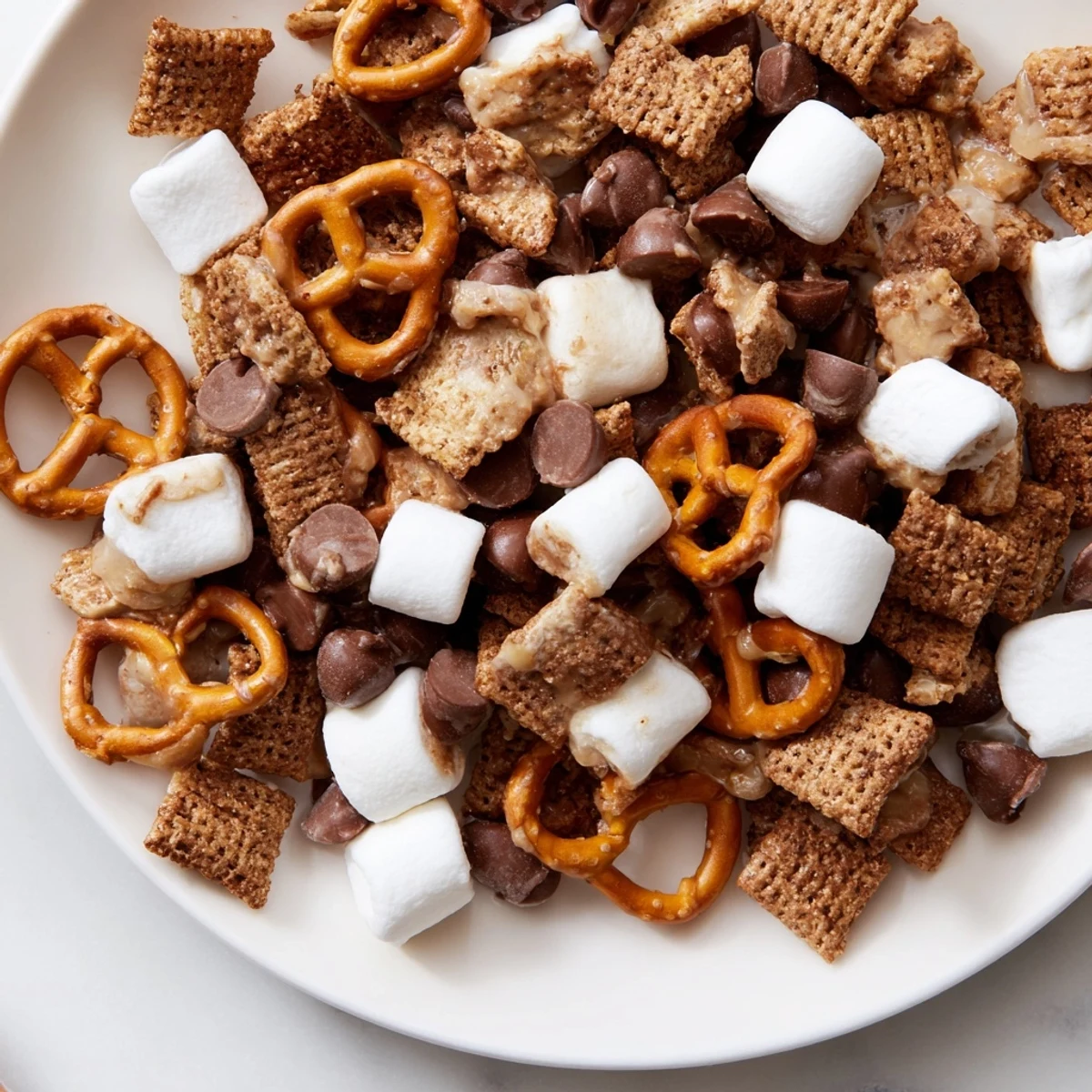 Bowl of s'mores snack mix with chocolate, marshmallows, pretzels, and graham crackers ready for parties or road trips