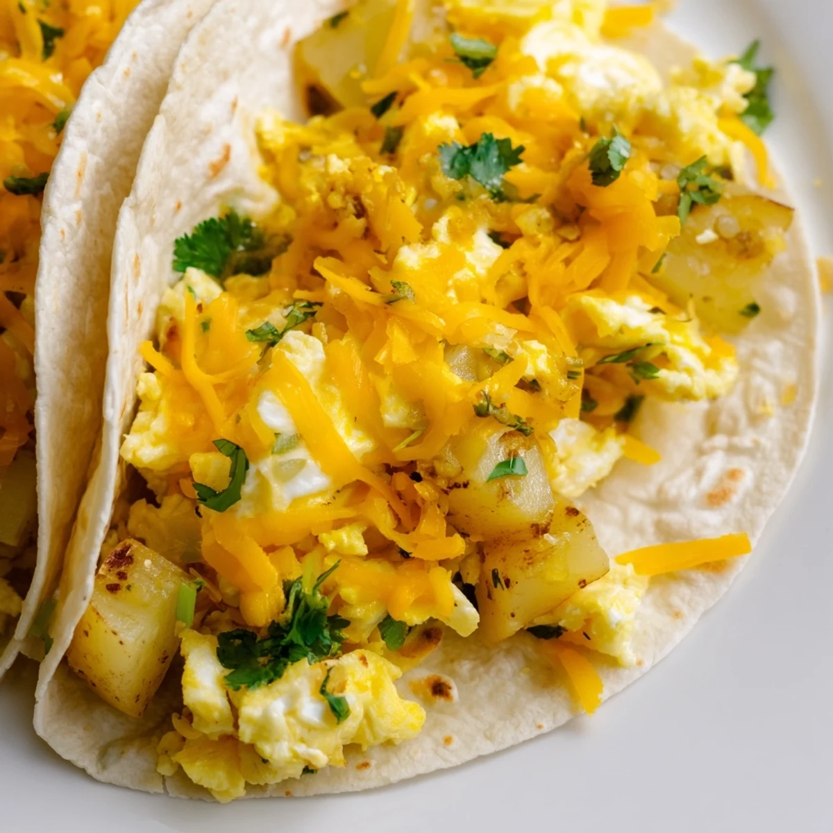 Fluffy scrambled egg and crispy potato tacos loaded with melted cheddar cheese