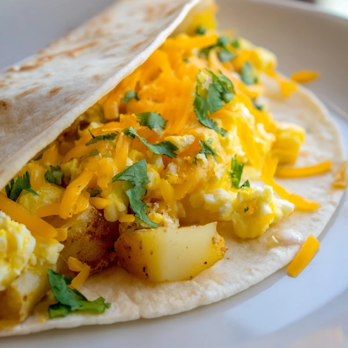 Golden potato egg cheese breakfast tacos with fresh cilantro and warm tortillas