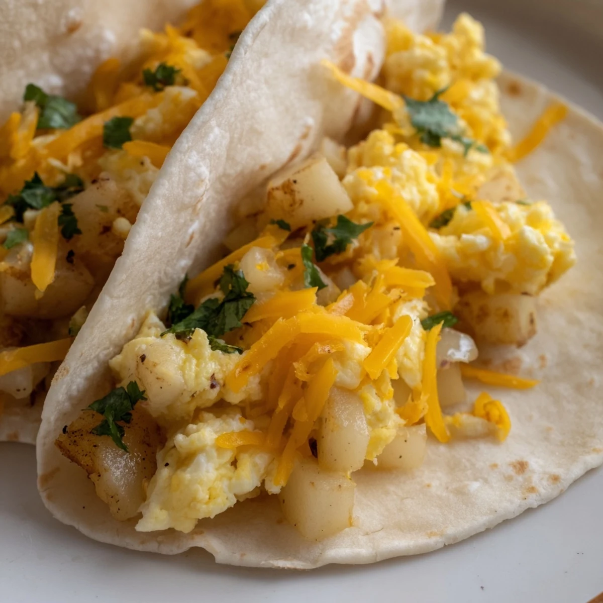 Hearty Tex-Mex breakfast tacos filled with potatoes eggs and shredded cheese toppings