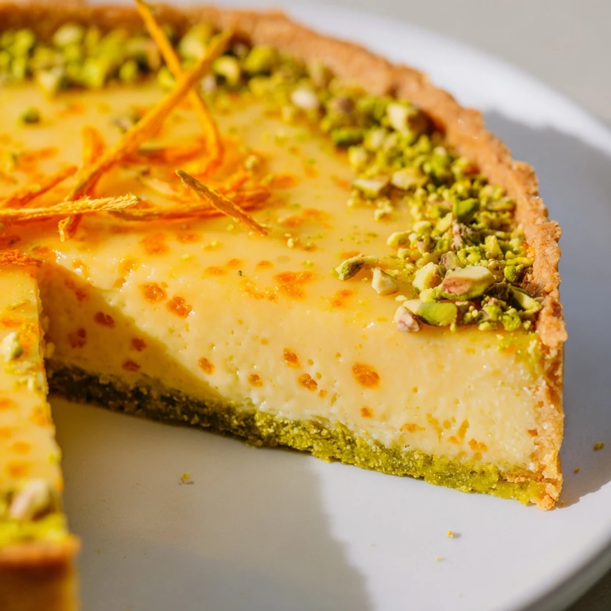 Elegant orange cardamom tart with creamy citrus filling and golden pistachio crust garnished with chopped nuts