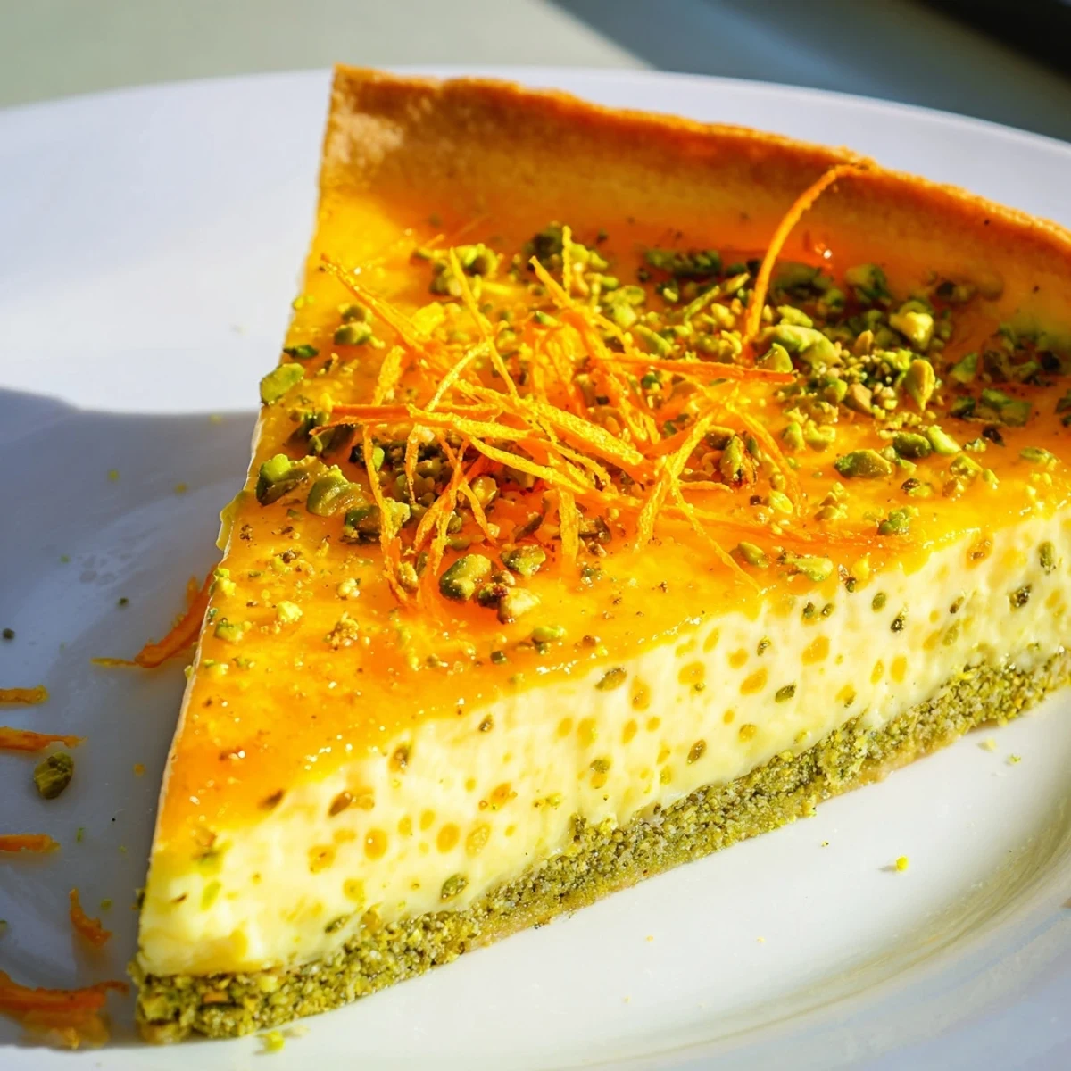 Sliced orange cardamom tart showcasing vibrant orange custard in crisp green-hued pistach pastry with zest topping