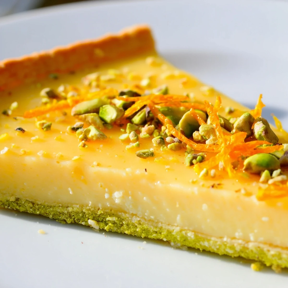 Whole orange cardamom tart with nutty pistachio crust and smooth fragrant orange custard finished with fresh zest