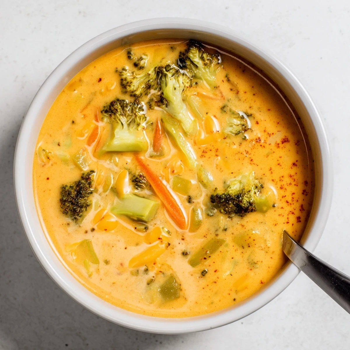 Creamy slow cooker broccoli cheddar soup with melted sharp cheddar and fresh broccoli florets in a white bowl