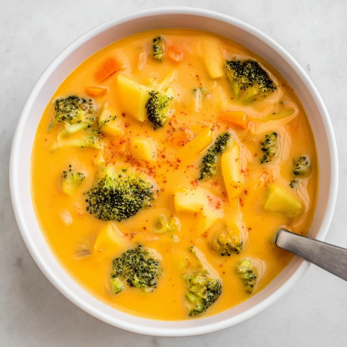 Rich slow cooker broccoli cheddar soup featuring tender broccoli chunks in a smooth cheese broth topped with chives
