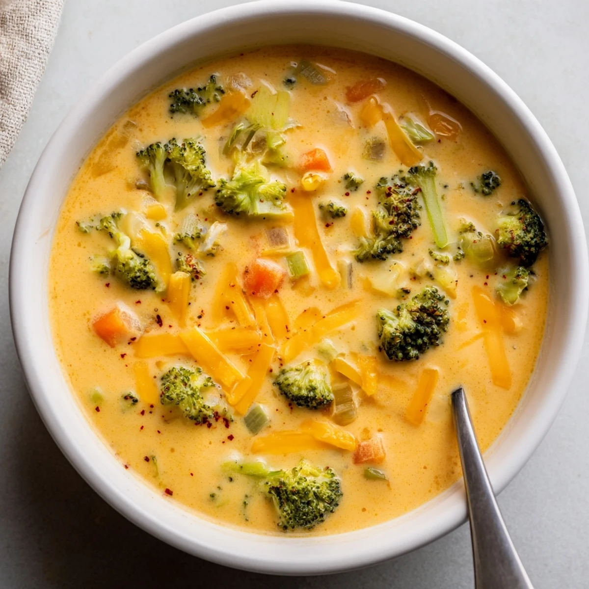 Serving of velvety broccoli cheddar soup garnished with extra shredded cheese and crusty bread for dipping