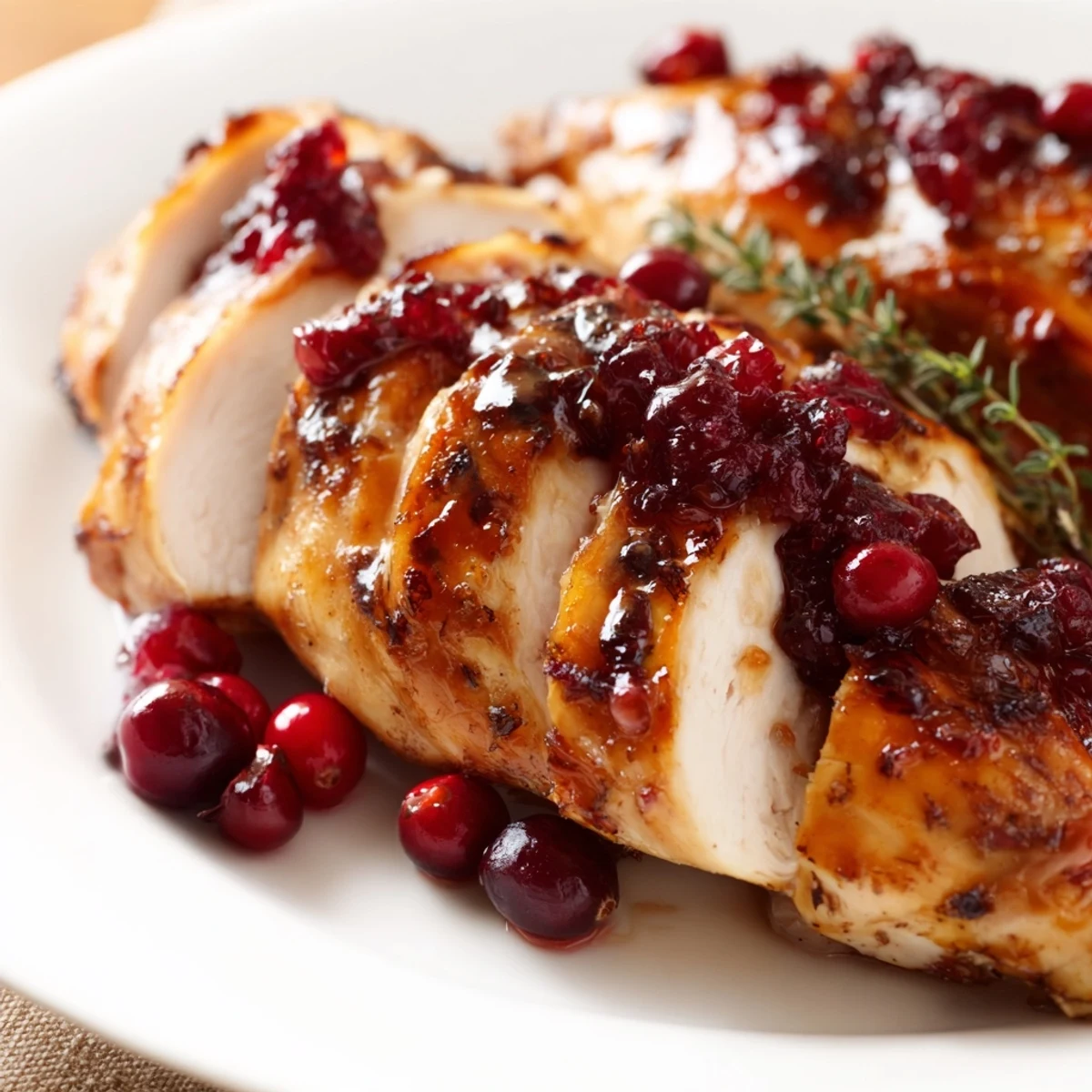 Golden glazed honey cranberry chicken breasts roasted with colorful Brussels sprouts and baby potatoes on a single baking sheet
