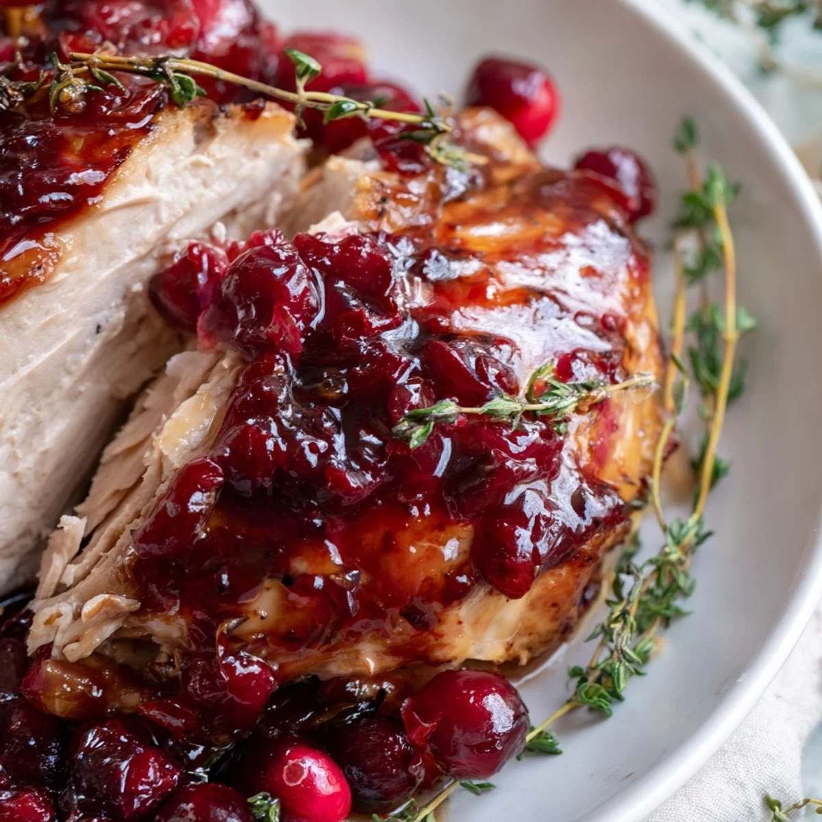 Juicy chicken thighs coated in tangy honey cranberry sauce alongside tender roasted vegetables for an easy weeknight dinner