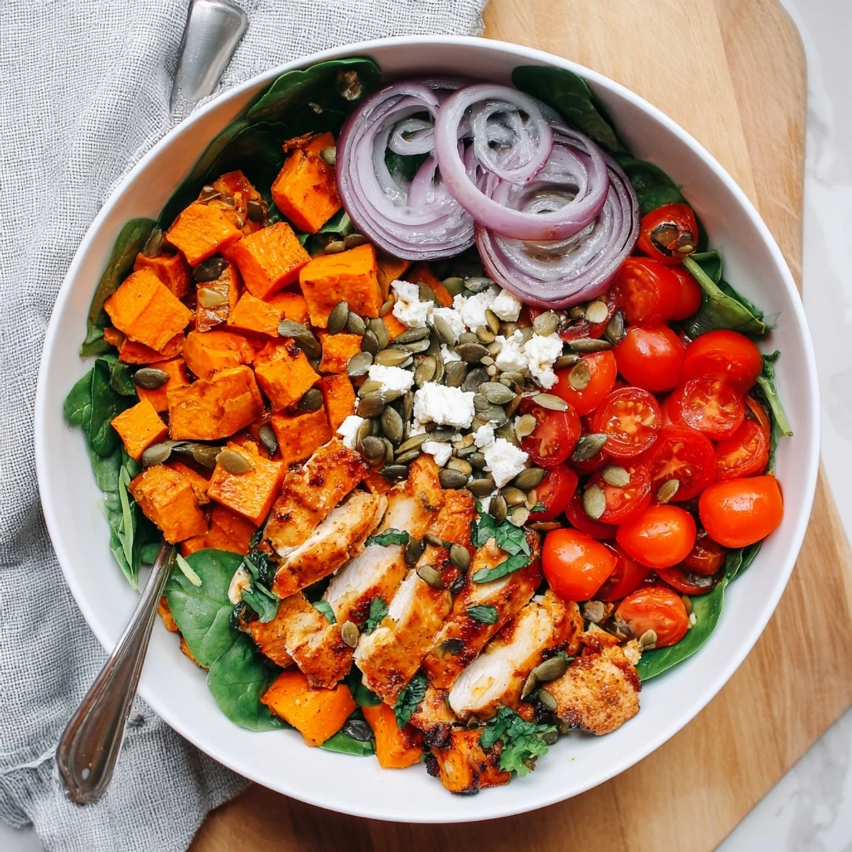 Golden maple Dijon chicken breast slices arranged over roasted sweet potato cubes in a grain bowl