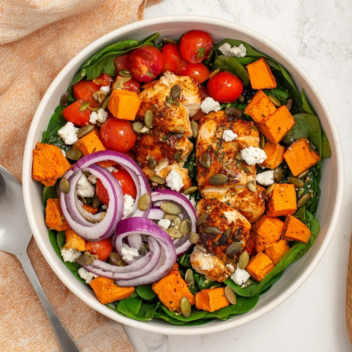 Juicy glazed chicken paired with caramelized sweet potatoes and fresh spinach in a wholesome meal prep bowl