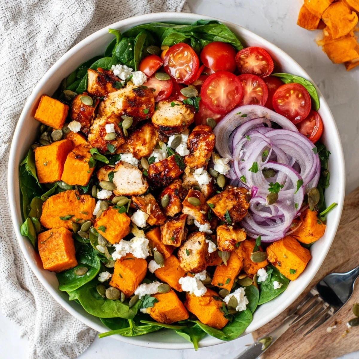 Colorful bowl featuring sweet and savory maple mustard chicken with tender roasted sweet potatoes and vibrant vegetables