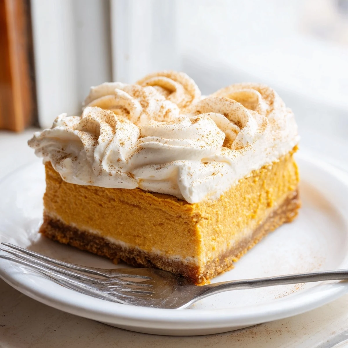 Slice of pumpkin spice Christmas cheesecake with whipped cream on white plate