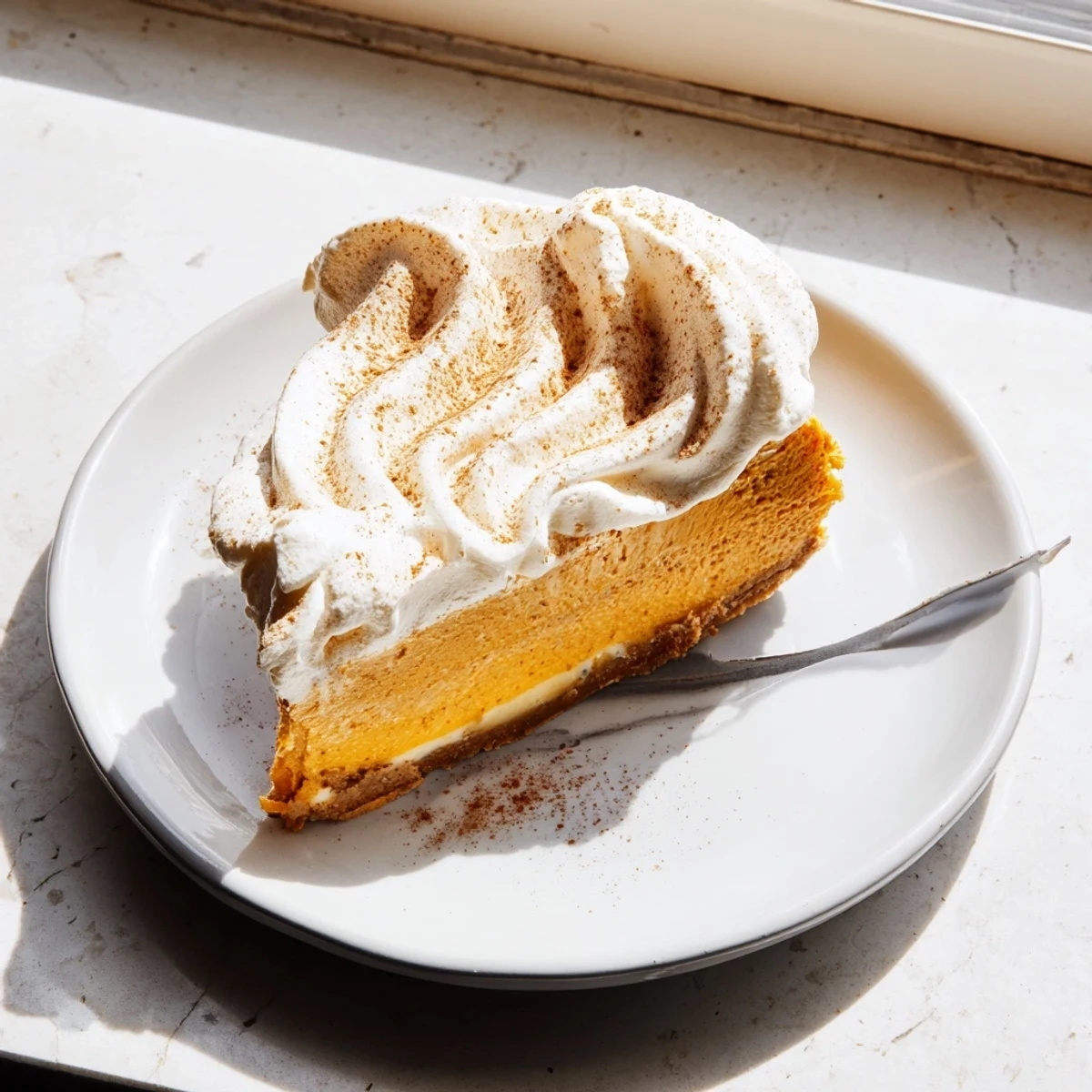Creamy pumpkin spice Christmas cheesecake topped with whipped cream and cinnamon dusting