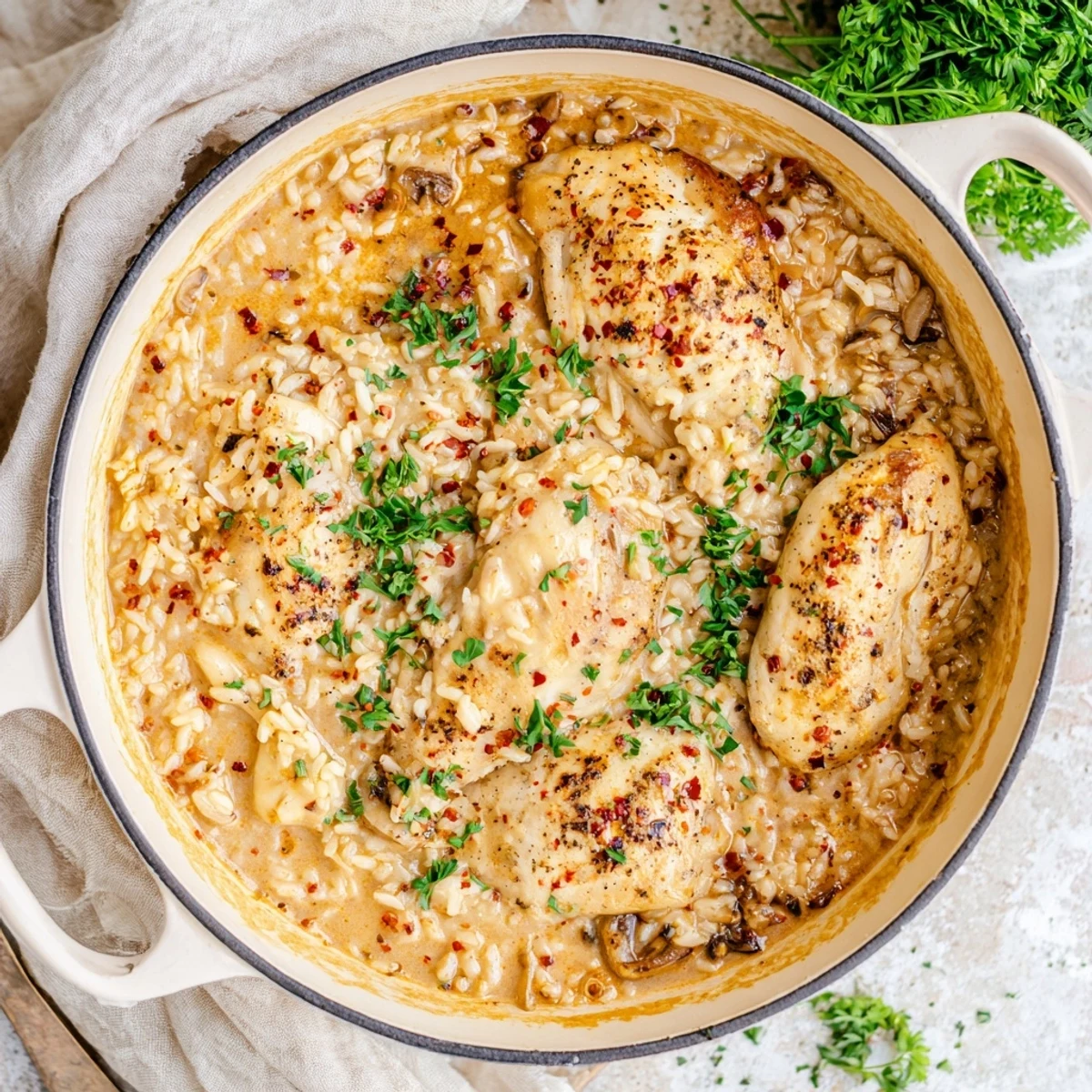 Golden brown chicken breasts resting atop creamy parmesan rice in a Dutch oven