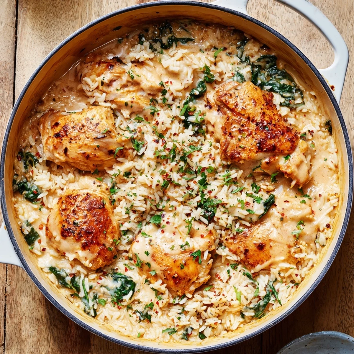 Creamy one pot angel chicken rice bake garnished with fresh chopped parsley