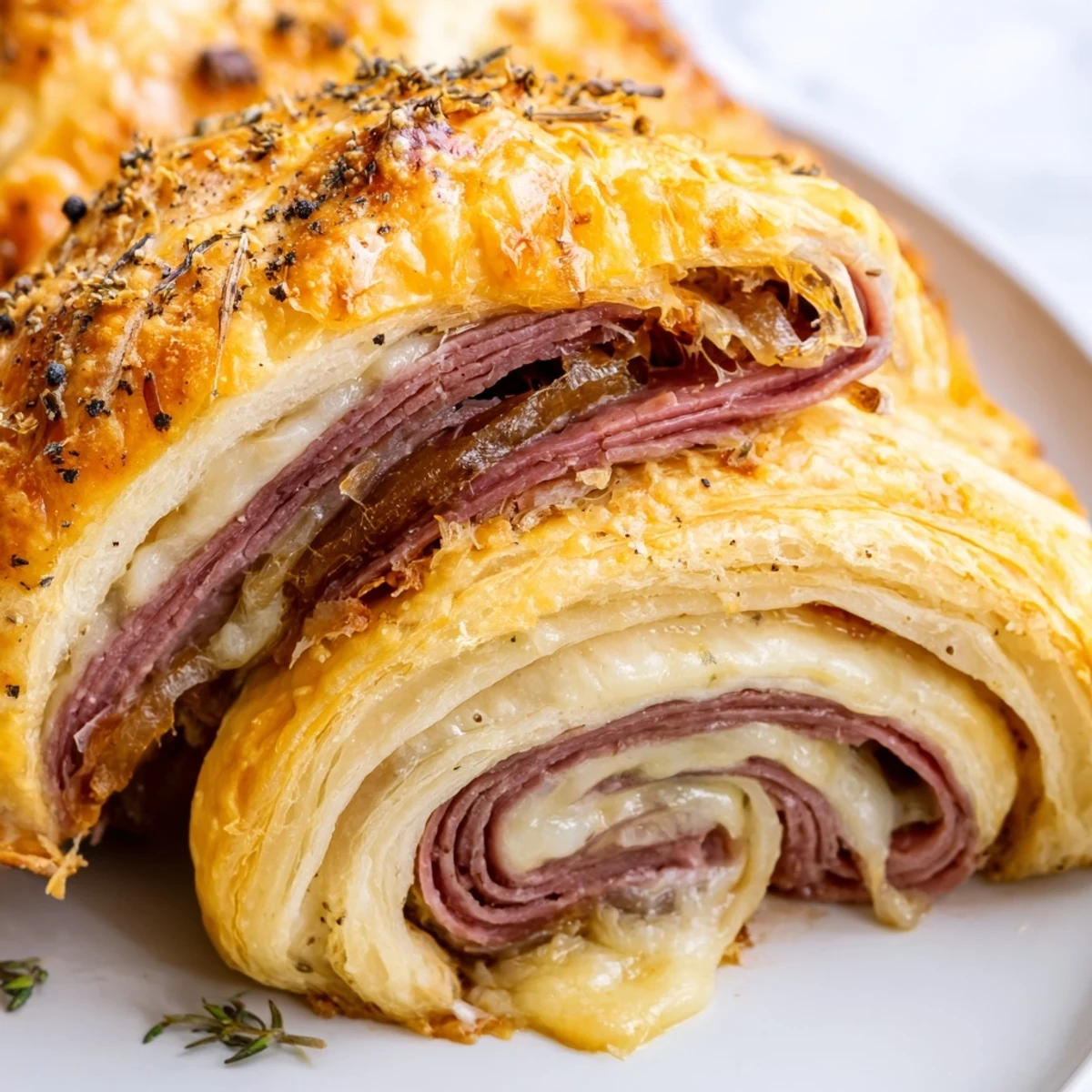Golden Beef and Cheese French Dip Roll Ups arranged on a rustic wooden board with small bowl of rich au jus